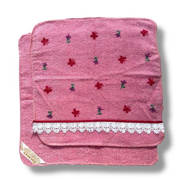 Vtg Dundee Brand Lace Trim Pink Face Cloth Cotton Floral Butterfly Cottage New - Picture 2 of 11